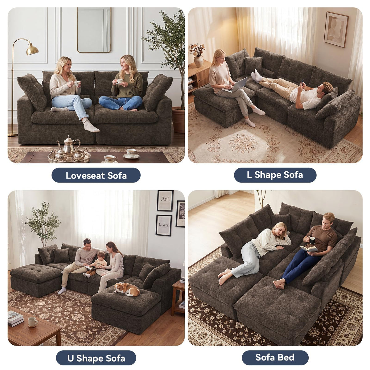110" Living Room Sofa Set, Chenille Tufted Couch and Loveseat Sets for Living Room, Modular Sectional Boneless Couch with Ottoman & Throw Pillows, Brown