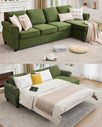 106.5" Pull Out Sofa Bed,L Shaped Modular 4 Seater Couch,2-in-1 Sofa Bed,Wireless Charging, USB Charging Ports,Memory Foam Mattress,Storage Space (Green)