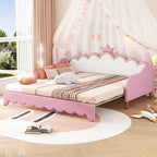 Twin Extending Daybed with LED Lights, Upholstered Princess Daybed with Crown Headboard,Pink