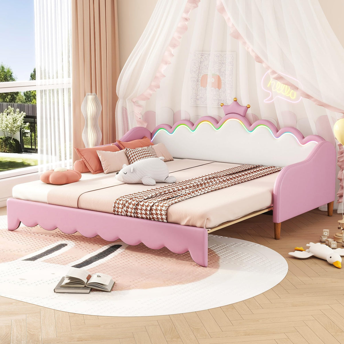 Twin Extending Daybed with LED Lights, Upholstered Princess Daybed with Crown Headboard,Pink