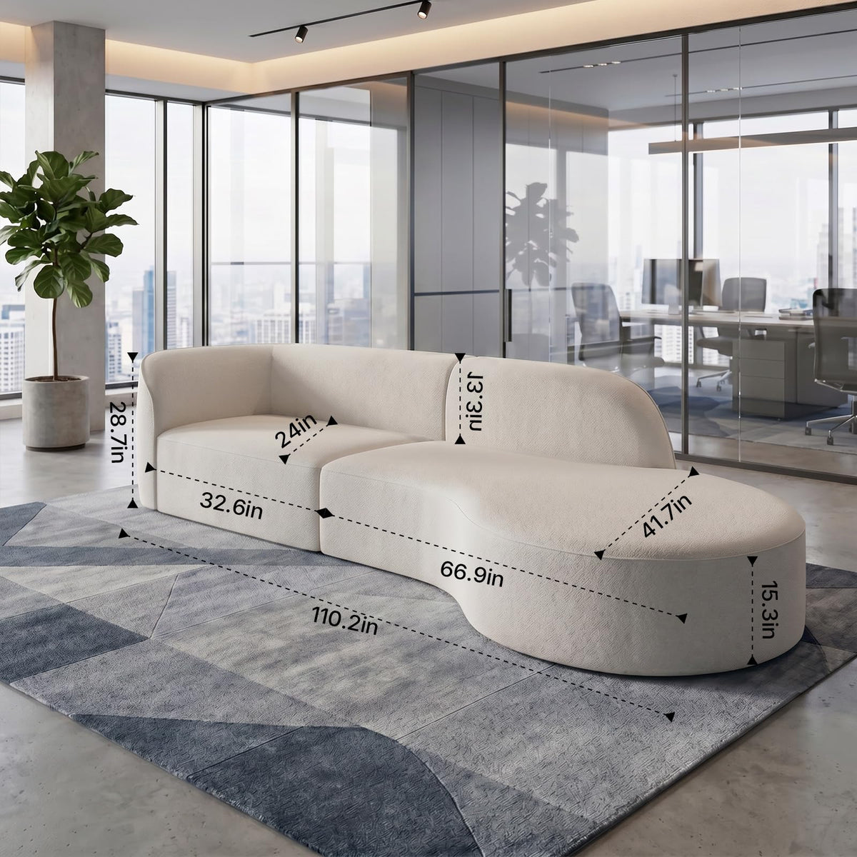 110" Curved Sectional Sofa with Right Chaise, 4-6 Seater Modern Upholstered Couch with Foam Cushions and Solid Wood Frame, Warm Ivory