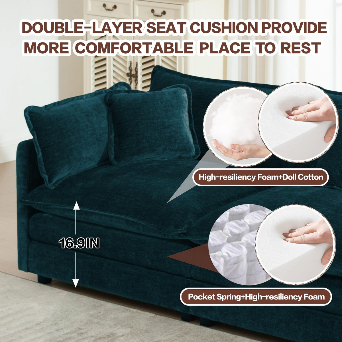 103.8" L-Shaped Sectional Sofa, Modular Chenille Cloud Couch, Deep Seat 4-Seat Sofa for Living Room with Ottoman & Pillow, Easy Assembly, Blue