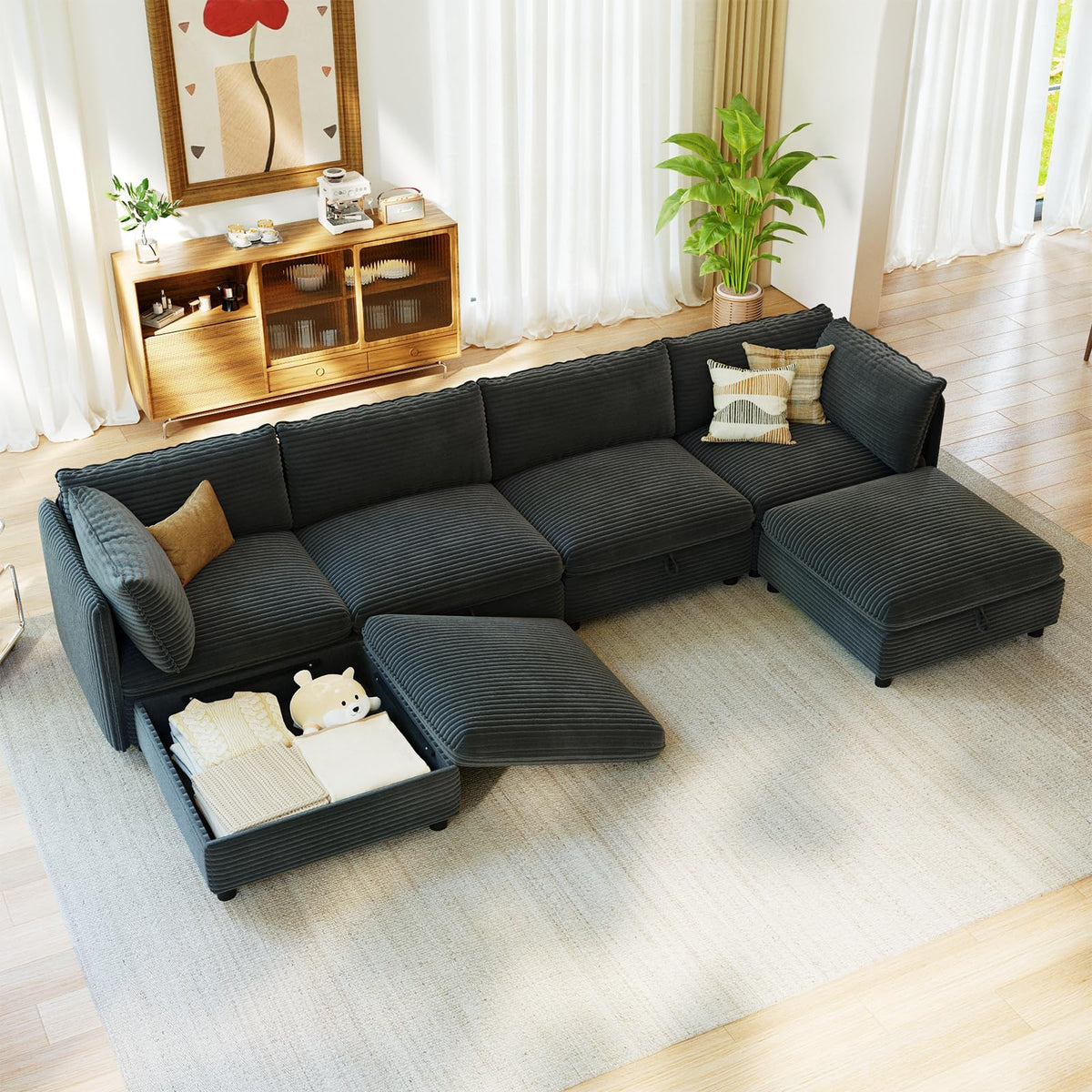 10 Seat Oversized Modular Sectional Couch Bed with Hidden Storage and Movable Ottomans Corduroy Upholstered Deep Seat for Sectional Couches for Living Room Bedroom, Blue
