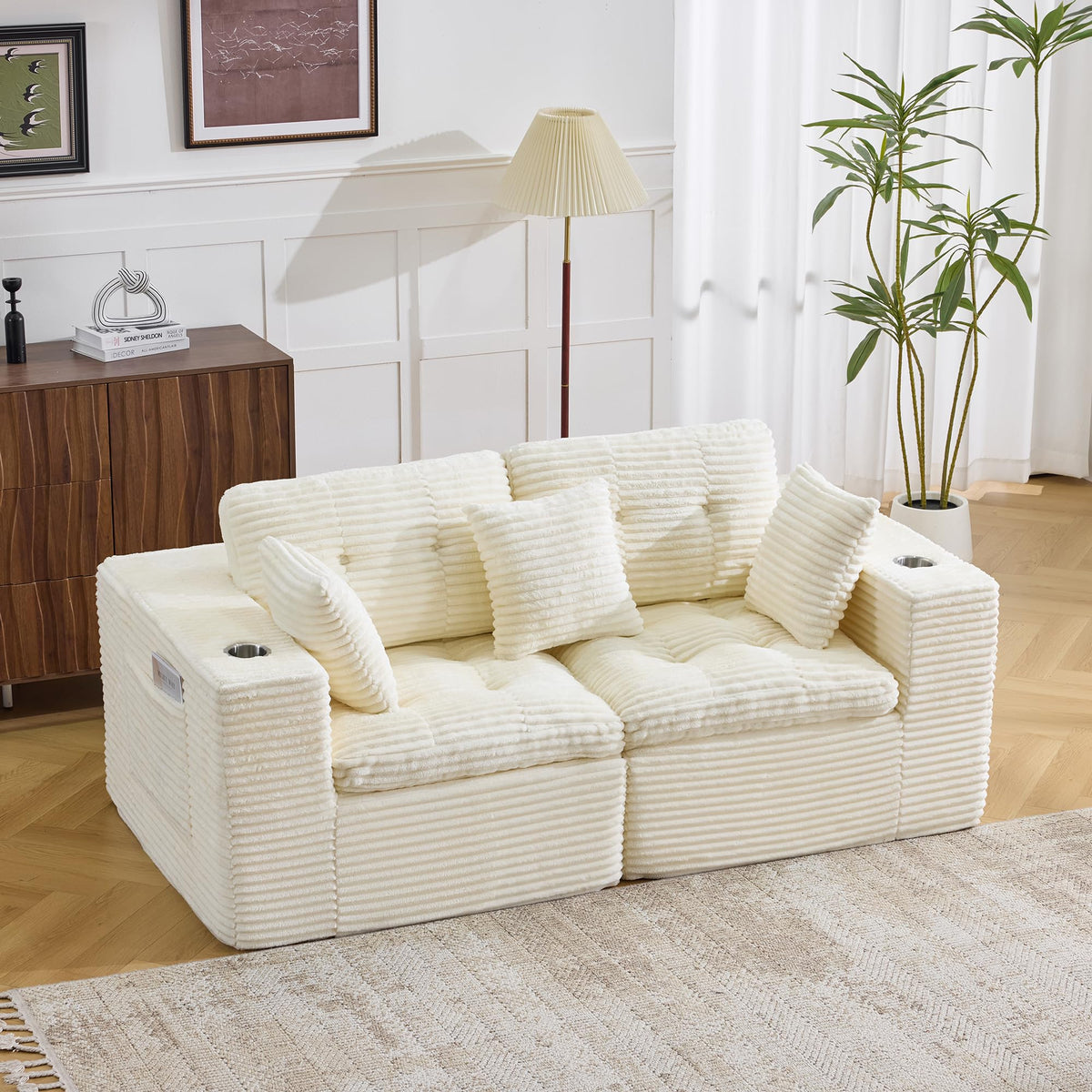 108.08" Boneless Sectional Couch, Modern U Shaped Modular Sectional Sofa Corduroy Upholstered for Living Room Oversized Deep Seat Cloud Couch with 2 Ottoman, No Assembly, Black