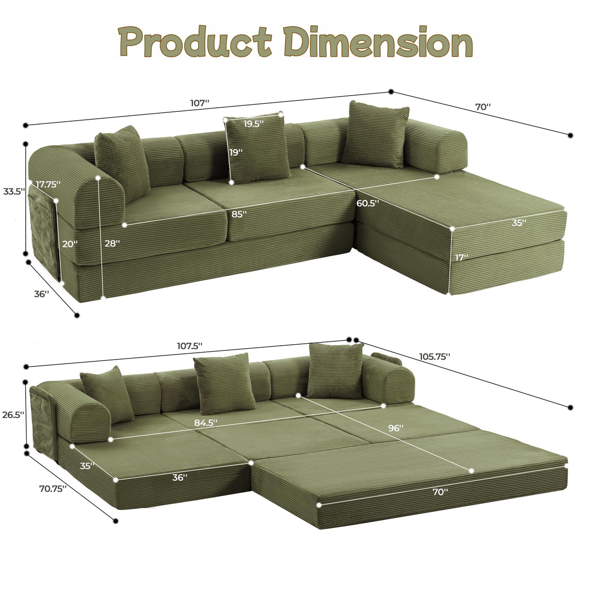106.3" Modular Sectional Sleeper Sofa with Metal Frame, Green