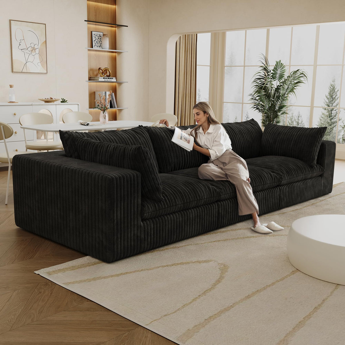 118.2" Cloud Sofa,Corduroy Fabric,Deep Seat Couches,Double Layer Design,Removable Cushion,No Assembly, DIY Combination for Living Room, Bedroom,Conference Room,Apartment,Black