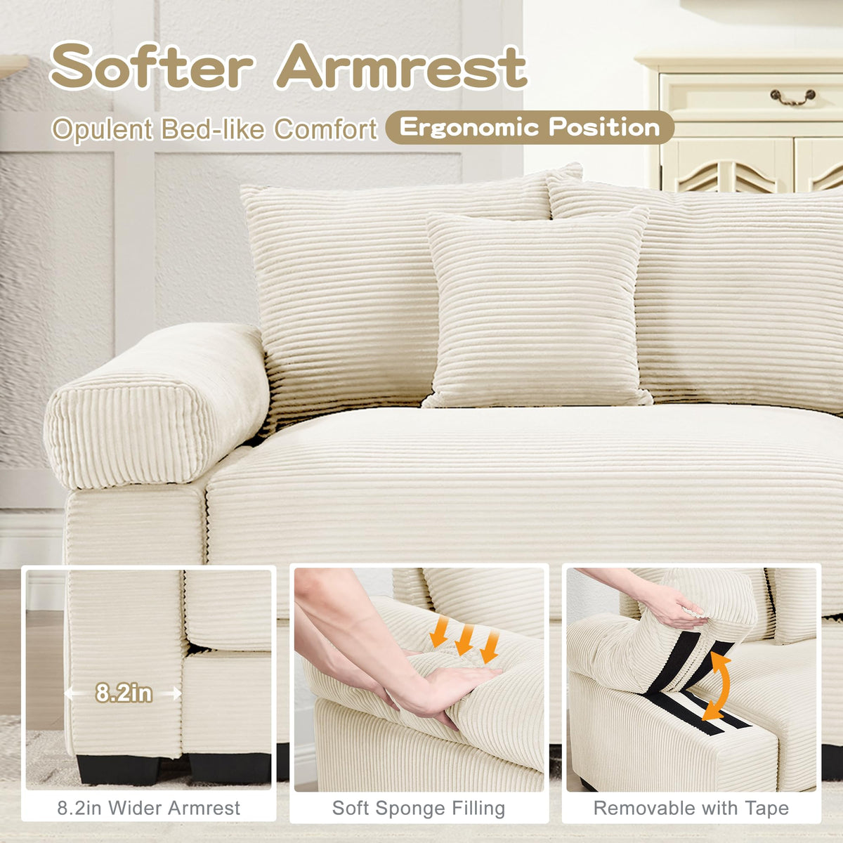 130" Oversized Modular 3-Seater Sectional Sofa, Cloud Corduroy Fabric with Extra-Thick Armrests, Ergonomic Deep Seat Couch for Living Room, Easy Assembly Sofas for Living Room(Cream)