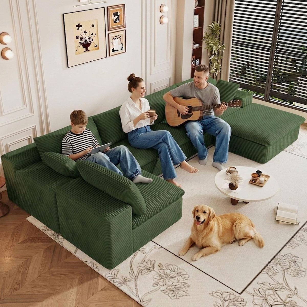 107" Cloud Couch Modular Sectional Couchs with Chaise Lounge, U-Shape Boneless Couches with Ottoman for Living Room, Corduroy Sofa with Deep Seat, No Assembly Required (Green, Left Facing Chaise)