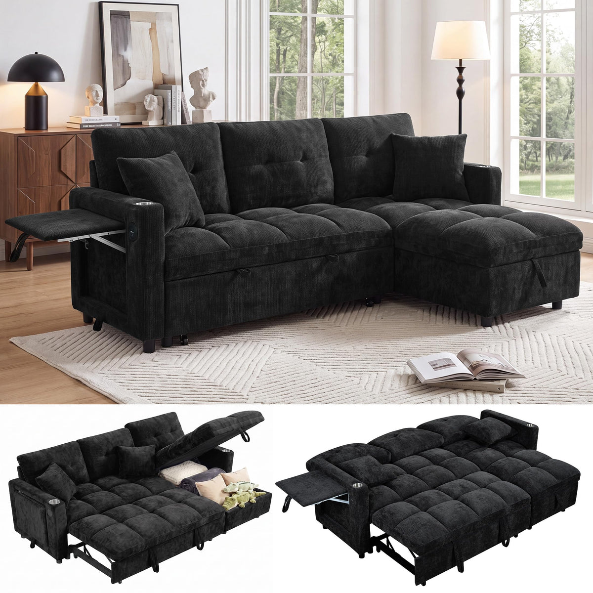 108”Pull Out Sofa Bed, U Shaped Sleeper Sofa for Living Room, Black