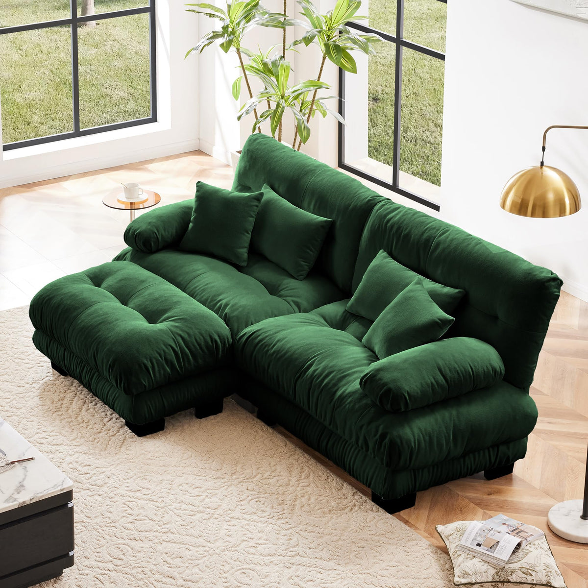 134" Oversized 3 Seater L Shaped Modular Sectional Sofa, Large Sectional Couches for Living Room, Chenille Cloud Couch with Pillows, Living Room Deep Seat Sofas with 3 Seats & 1 Ottoman, Pink