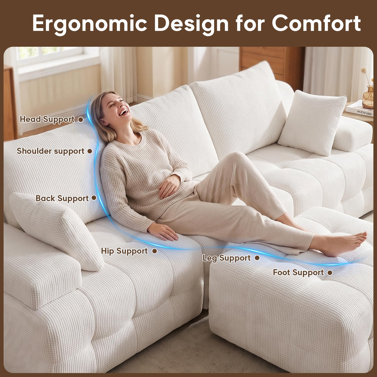 110" Cloud Sectional Couches for Living Room,Modern Convertible L-Shape Couch with Ottoman 3 Seater Chenille Fabric Comfy Cloud Couches with Movable Ottoman(Beige)