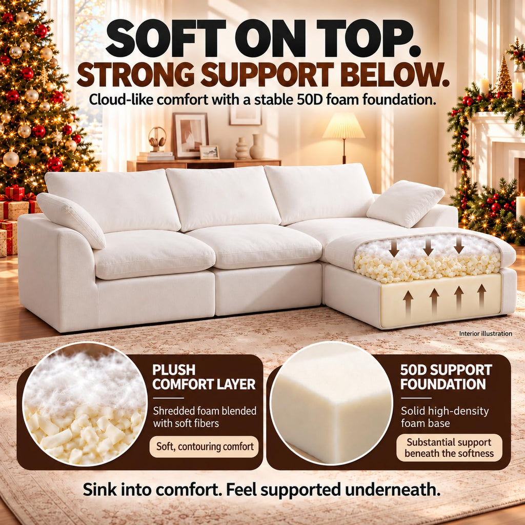 108" Boneless Cloud Couch, Modular L-Shaped Sectional with Ottoman, Beige