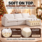 108" Boneless Cloud Couch, Modular L-Shaped Sectional with Ottoman, Beige