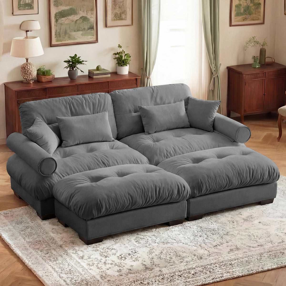 130" Cloud Couch, Oversized 3-Seater Couch with Ottomans and Pillows, Deep Seat L Shaped Sofa, Comfy Velvet Fluffy Sofas Modular Sectional Couches for Living Room (Blue, 3 Seat + 1 Ottoman)