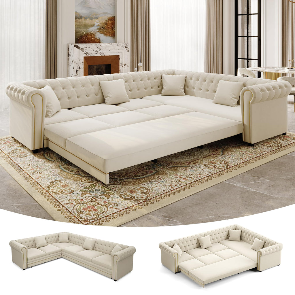 118" Oversized Sleeper Sofa with Pull Out Bed, Chenille L Shaped Convertible Sectional Sleeper Couch with Nailhead Trim & Rolled Arm, 6-Seater Couches for Living Room, Blue