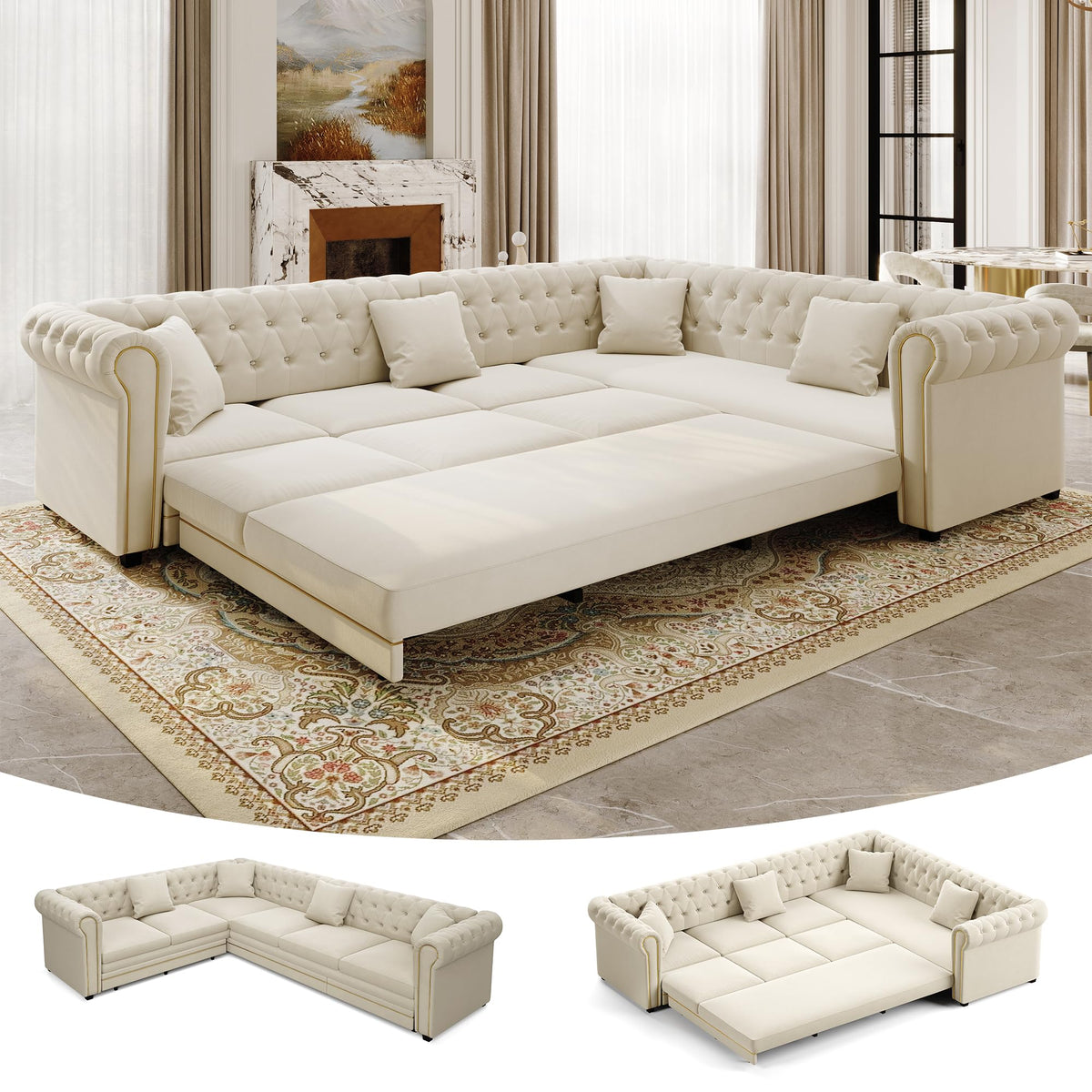118" Oversized Sleeper Sofa with Pull Out Bed, Chenille L Shaped Convertible Sectional Sleeper Couch with Nailhead Trim & Rolled Arm, 6-Seater Couches for Living Room, Blue