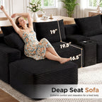 127” U-Shaped Cloud Sectional Couch for Living Room, Modern Boneless Corduroy Sofa with Chaise ‌and Console, Include 2 Cup Holders, Storage Space and USB Ports, No Assembly Required, Black