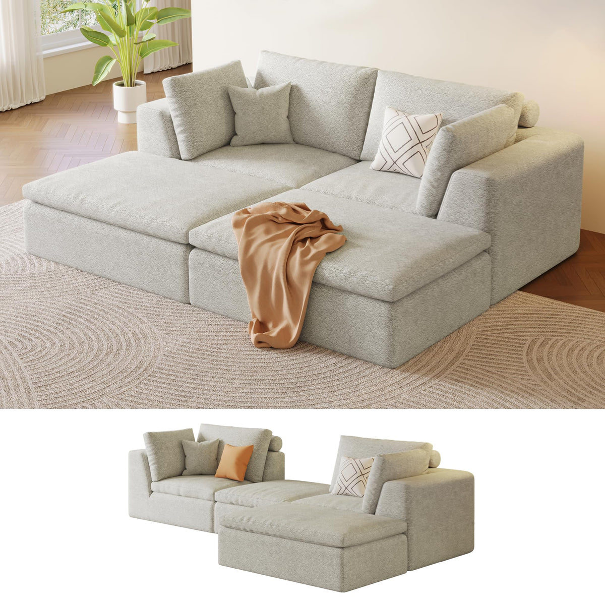 109" Oversized Modular Sectional Sofa L Shaped, Cloud Sectional Couch with Ottoman Deep Seat,Boneless Memory Foam Sofa for Living Room,Teddy Fleece Fabric, No Tools Assembly Required (Beige,1 Ottoman)