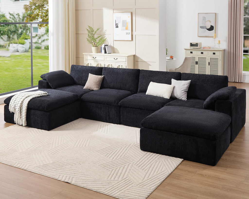 120" Cloud Modular Sectional Sofa, No-Assembly Chenille Couch, Black