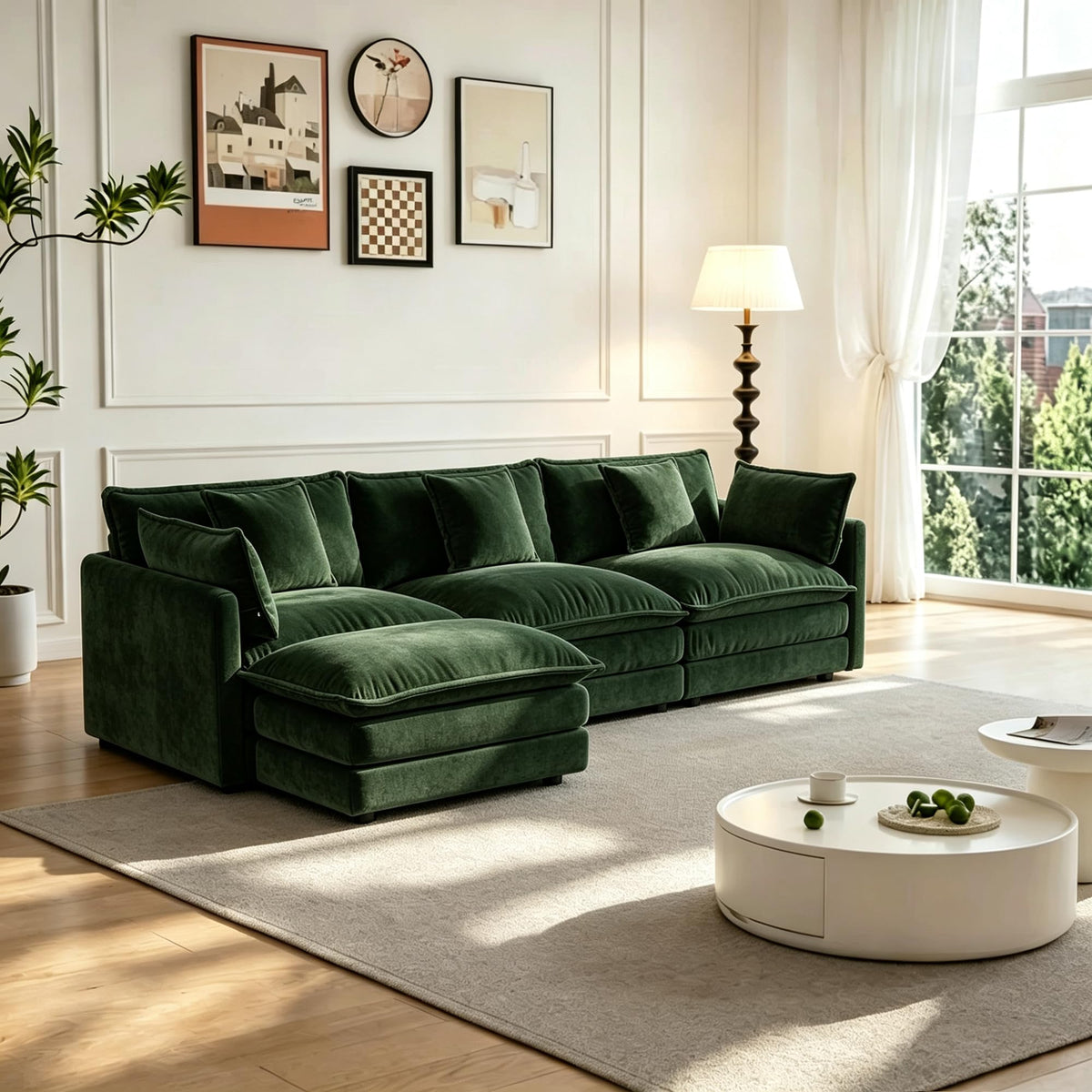 103.8" L-Shaped Sectional Sofa, Modular Chenille Cloud Couch, Deep Seat 4-Seat Sofa for Living Room with Ottoman & Pillow, Easy Assembly, Blue