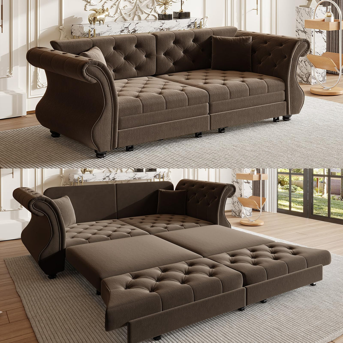 Velvet Pull-Out Sofa Bed, 3-in-1 Convertible Sleeper Sofa with Pillows, Button Tufted Chesterfield King Size Couch for Small Spaces & Apartments (Beige, 97.6")