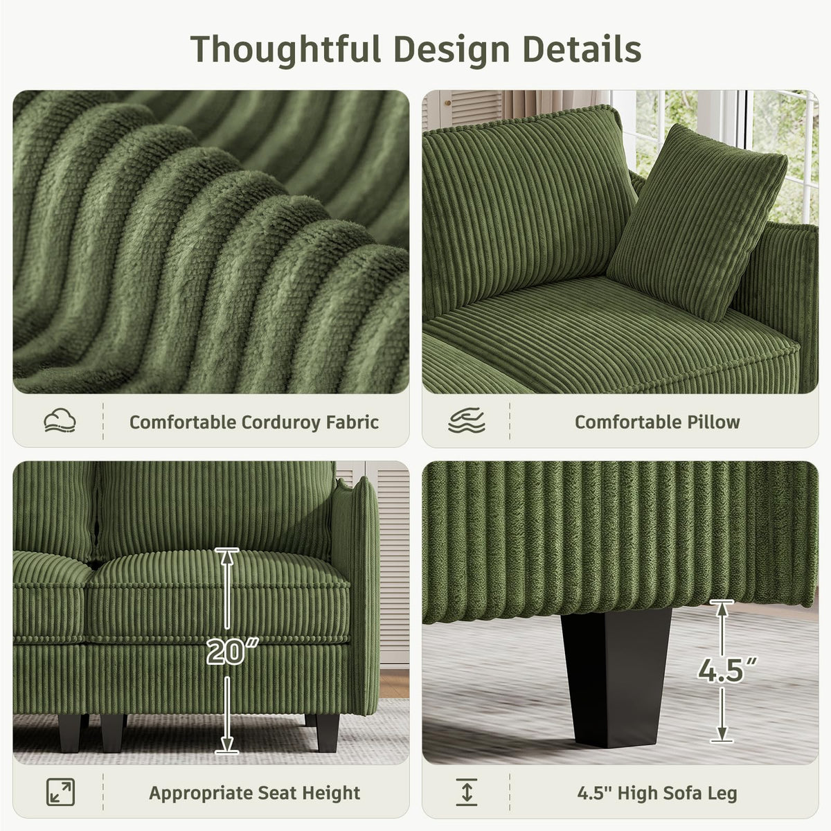 WorthFurni 84.8" Modular Sectional Sofa, 6 Seater Corner Sofa Modern V-Shaped Couch with 1 Storage Ottoman, Comfortable Corduroy Sofa with Throw Pillows for Living Room, Apartment, Green