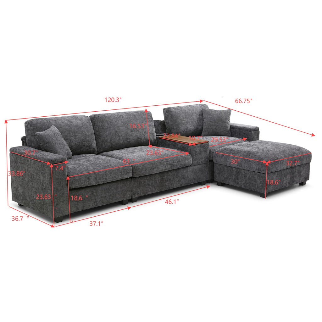 120.3" Modular Sectional Sofa, Oversized Comfy Cloud Couch, 4 Seater L Shaped Couch with Storage Armrest, Ottoman, USB Ports, Cup Holder, Table, Modern Linen Couches for Living Room, Gray