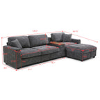 120.3" Modular Sectional Sofa, Oversized Comfy Cloud Couch, 4 Seater L Shaped Couch with Storage Armrest, Ottoman, USB Ports, Cup Holder, Table, Modern Linen Couches for Living Room, Gray
