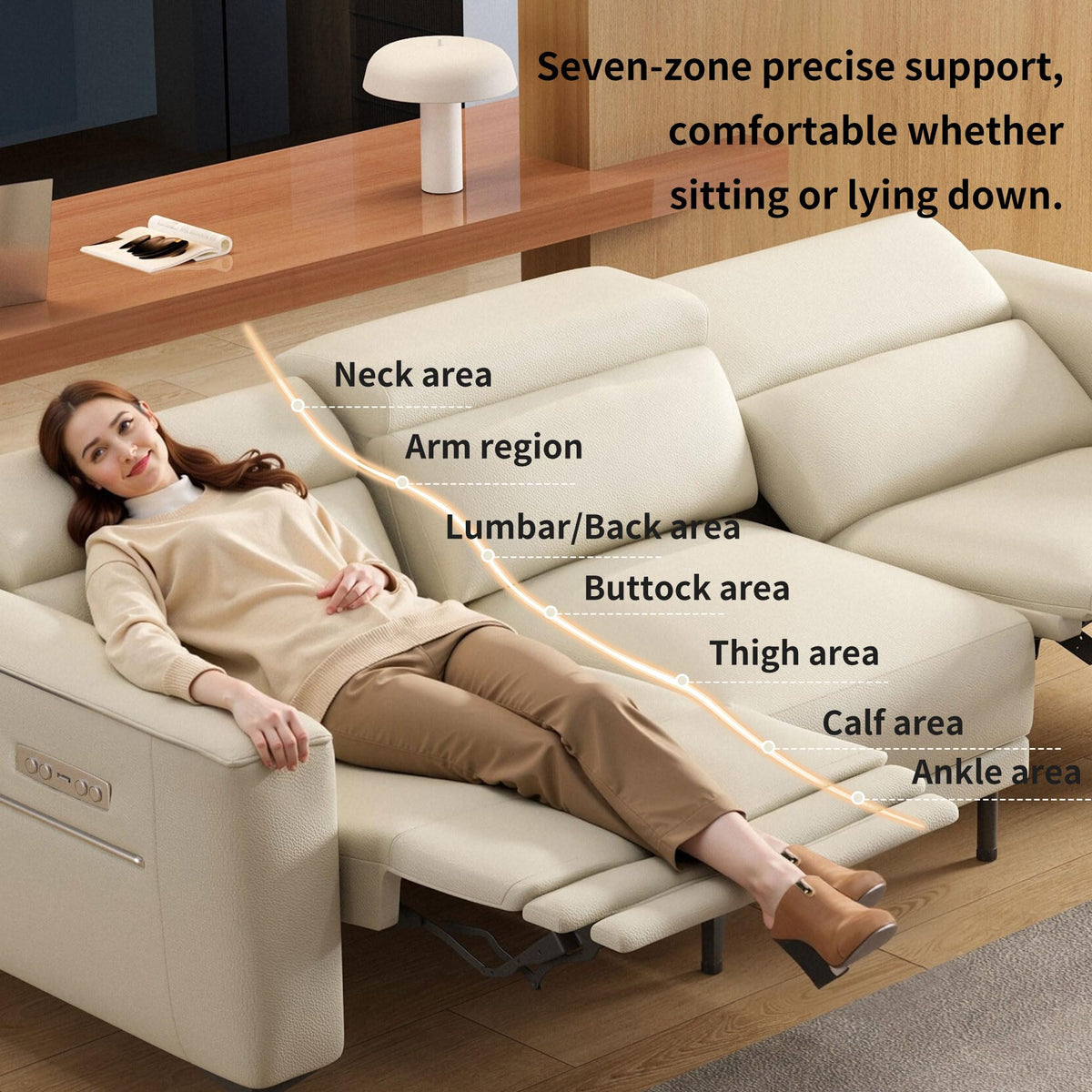 112.5" Beige Dual Motor Reclining Sofa Leather Living Room