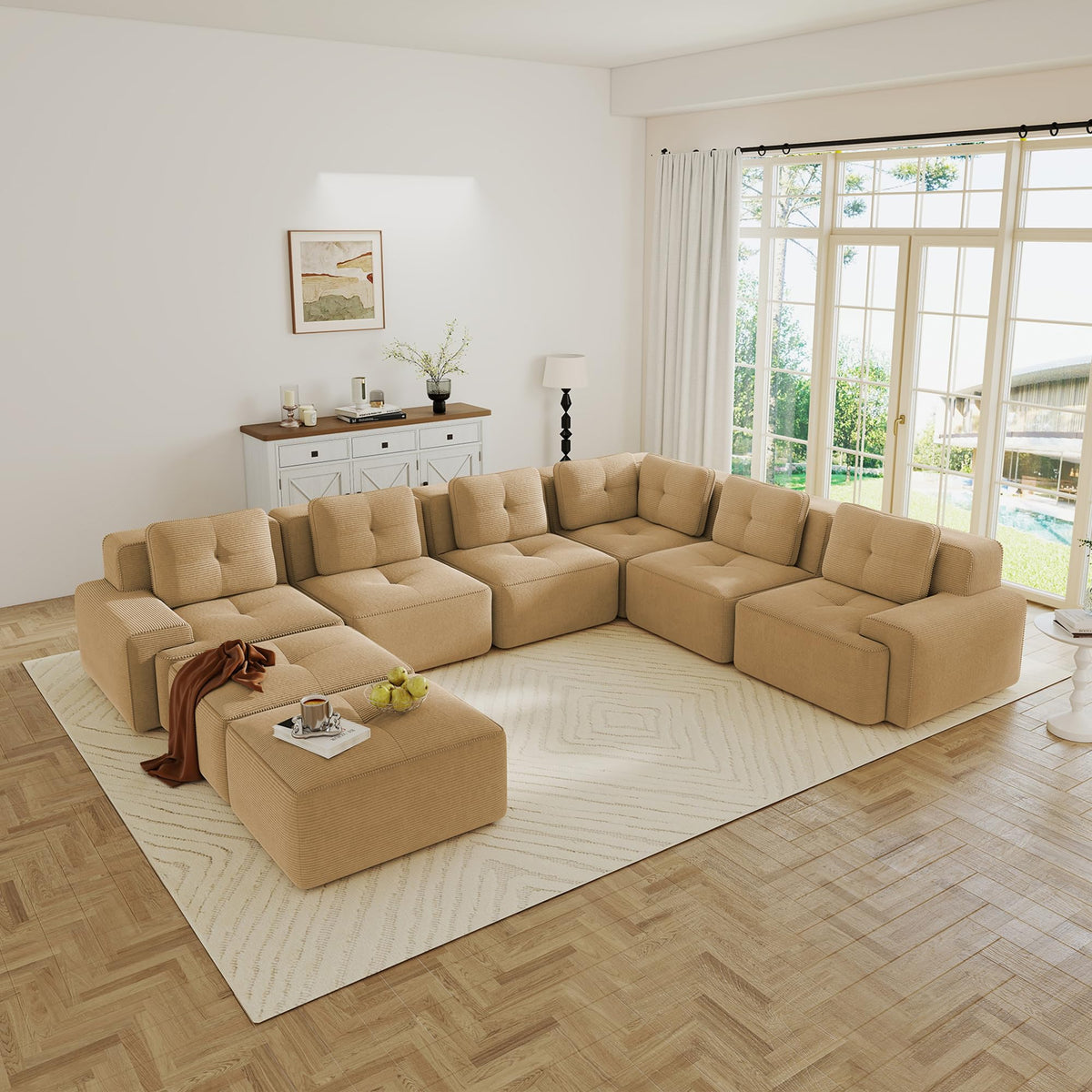 115.3” Camel Boneless Couches for Living Room, Modular Sectional Sofa with L-Shape Chaise, 3 Seater Comfy Upholstered Deep Seat Corduroy Fabric Cloud Couch No Assembly, Anti-Slip Design