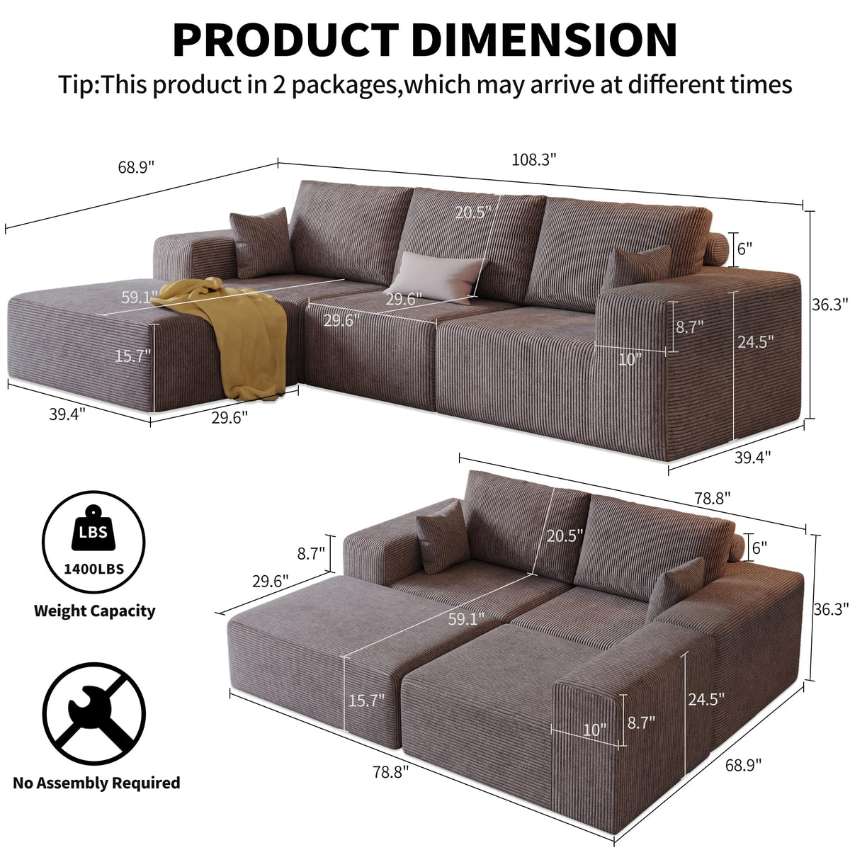 109" L-Shaped Corduroy Oversized Sectional Sofa w/Ottoman, Brown