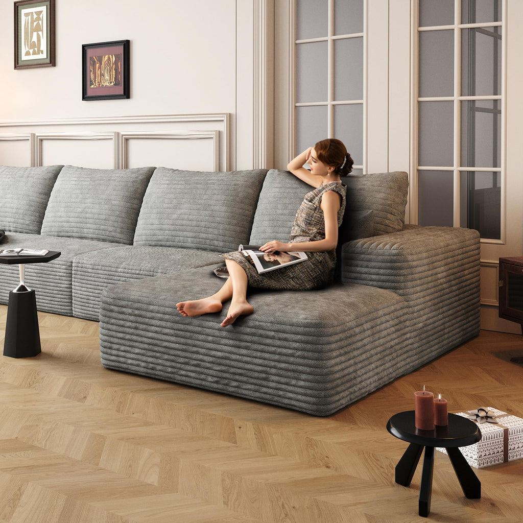 107" Plush‑Fabric Multi‑Functional Sectional Sofa, Upholstered Sleeper with Deep Seat, Free Combination Couch with Movable Ottoman for Living Space, Grey