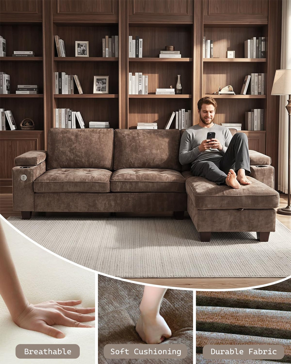 100" L Shaped Sectional Sofa with Hidden Armrest Storage, USB & Type-C Charging Ports, 4-Position Adjustable Armrests, Built-in Cup Holders, Upholstered Couch for Living Room, Brown