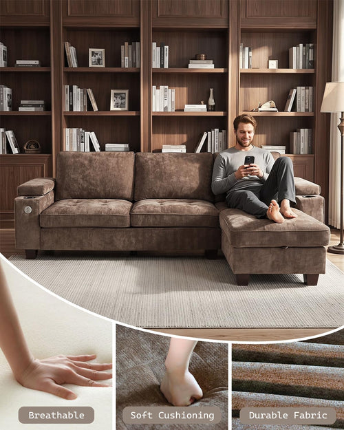 100" L Shaped Sectional Sofa with Hidden Armrest Storage, USB & Type-C Charging Ports, 4-Position Adjustable Armrests, Built-in Cup Holders, Upholstered Couch for Living Room, Brown