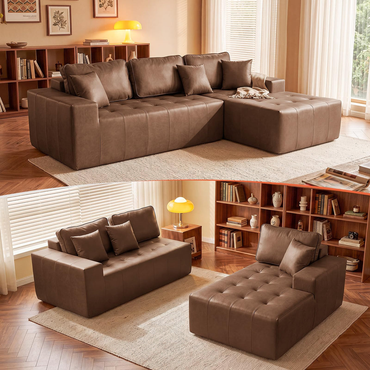 108" L-Shaped Modular Boneless Couch for Living Room,Faux Leather Sofa Bed