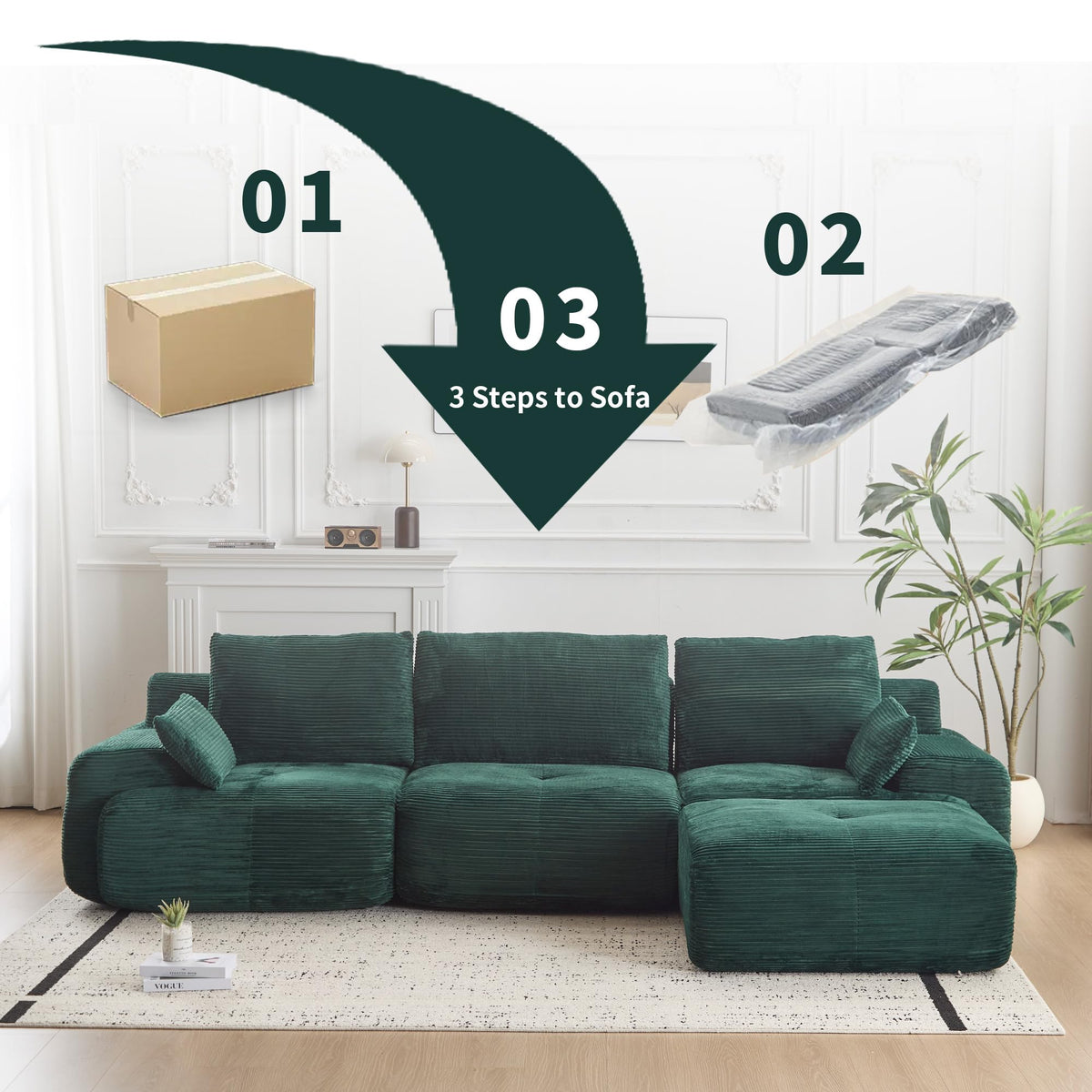 Tidyard Foam Sectional Sofa, Pet-Friendly Corduroy Fabric, No Assembly Required, Extra Deep Loveseat for Living Room, Green