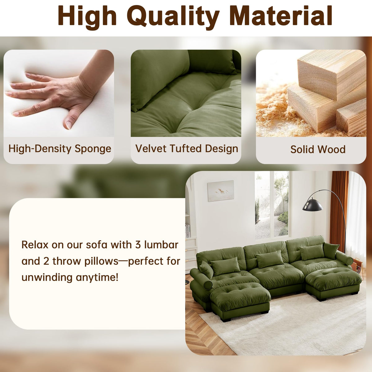 Velvet Modular Sectional Sofa,130" W Oversized U Shape Cloud Couch with 2 Ottomans,Free Combined 3 Seater Comfy Sofa with Bolster Armrest Pillows,Green for Living Room