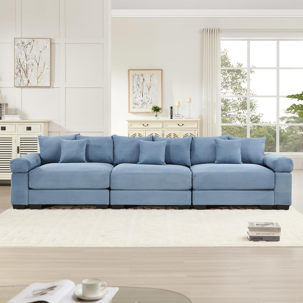 130" Oversized Modular 3-Seater Sectional Sofa, Cloud Corduroy Fabric with Extra-Thick Armrests, Ergonomic Deep Seat Couch for Living Room, Easy Assembly Sofas for Living Room(Cream)