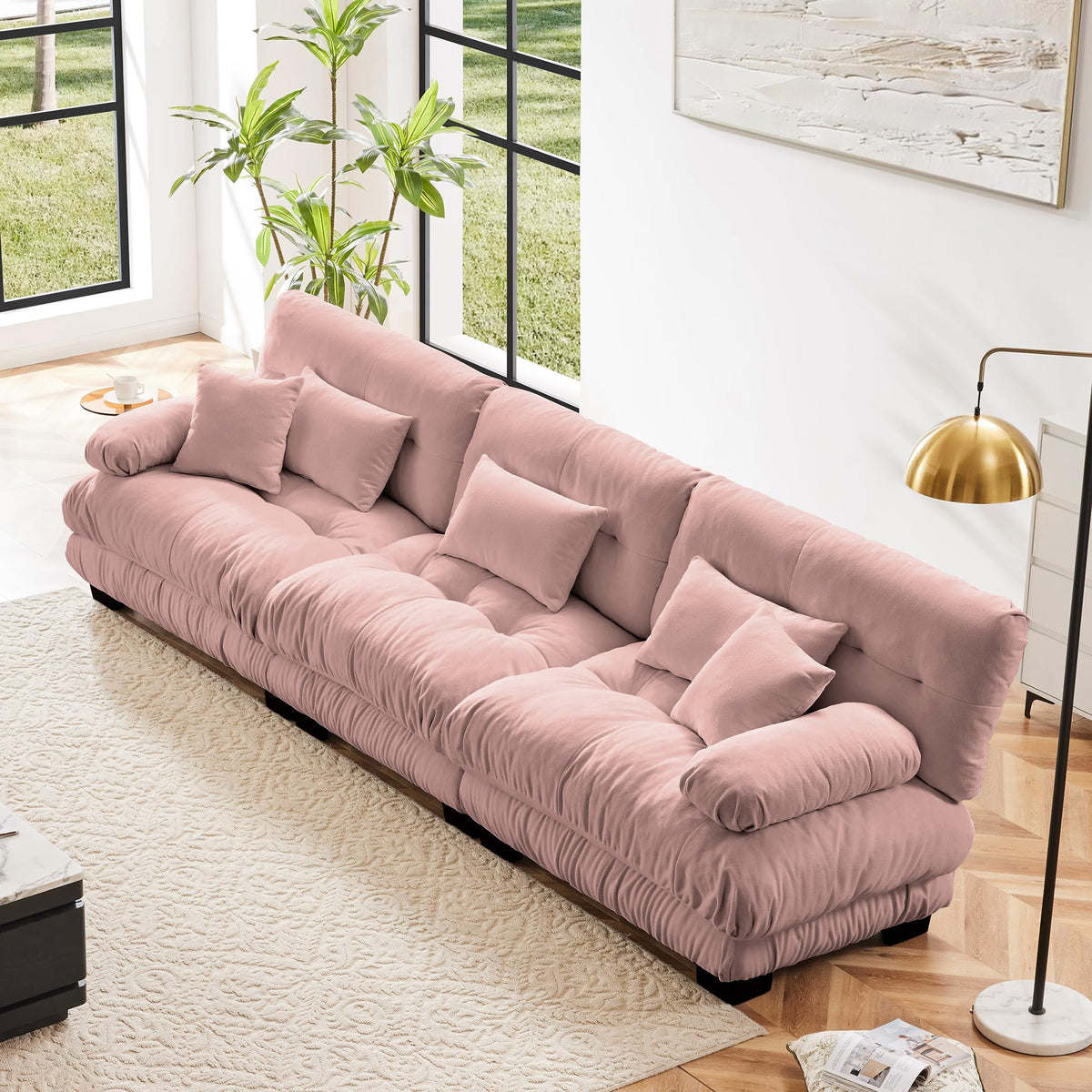 134" Oversized 3 Seater L Shaped Modular Sectional Sofa, Large Sectional Couches for Living Room, Chenille Cloud Couch with Pillows, Living Room Deep Seat Sofas with 3 Seats & 1 Ottoman, Pink