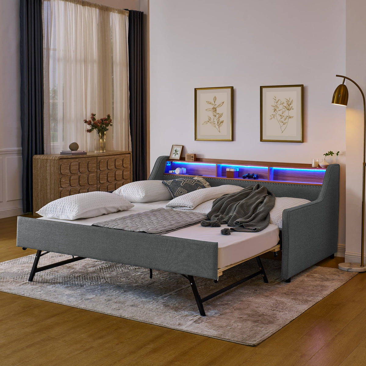 Twin Size Upholstery Sofa Bed with Three LED Lights, with Storage Adjustable Headboard, with Foldable Leg Pull up Trundle Bed and Wireless Charging, Linen Padded Sofa Bed Frame, Grey
