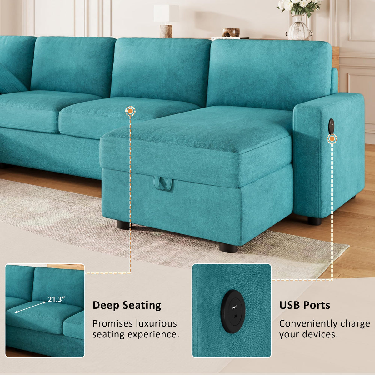 103.9" Sectional Sofa Convertible Sectional Sofa U Shaped Sofa with Two Storage Chaise Lounges and Four USB Ports for Living Room, Teal