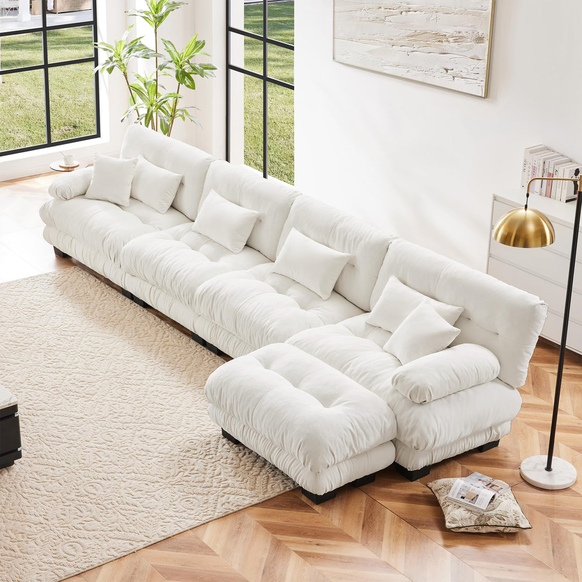 130" Modular Sectional Sofa,Velvet Upholstered Couches for Living Room,3 Seater Green Sofa Couch with Movable Ottoman,Big Comfy Loveseat Sofa with Deep Seats for Living Room,Apartment,Bedroom