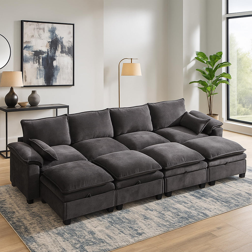 130" Modular Sectional Sofa with Storage, Premium Chenille Cloud Couch with Movable Ottomans, 1200lbs Heavy Duty Deep Seat Sectional, High-Density Foam (Gray, 4 Seater & 4 Ottoman)