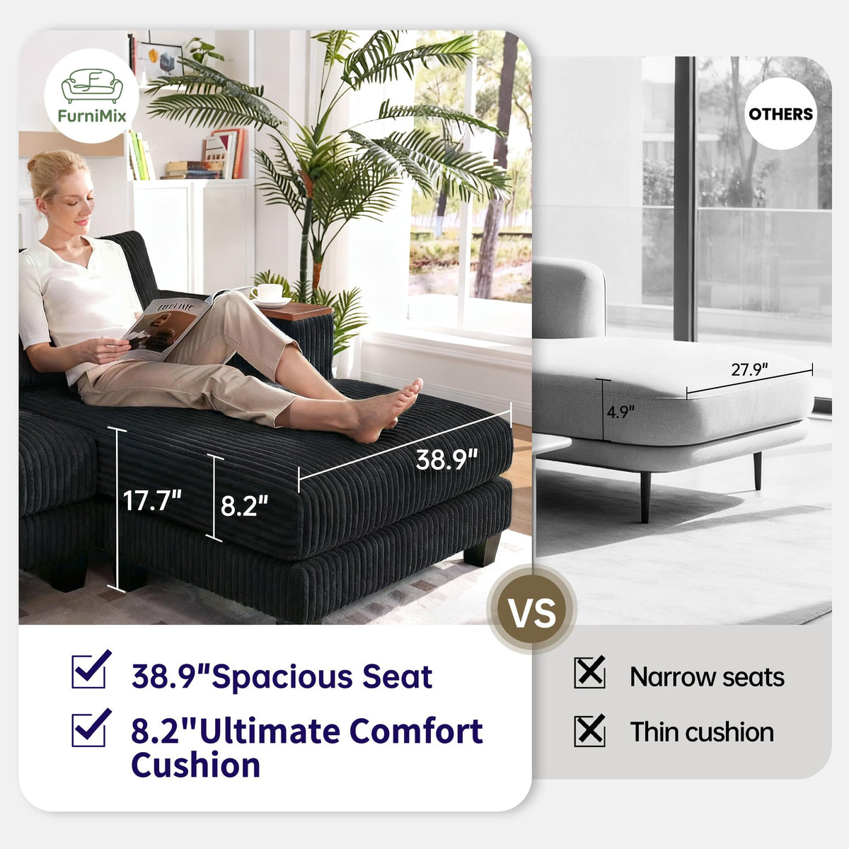 114" Cloud Sectional Couch with L-Shape Reversible Chaise, Modern Corduroy L Shaped Couch with 2 Pillows & Storage Armrests, 4 Seater Sectional Couches for Living Room, Plush Corduroy, Black