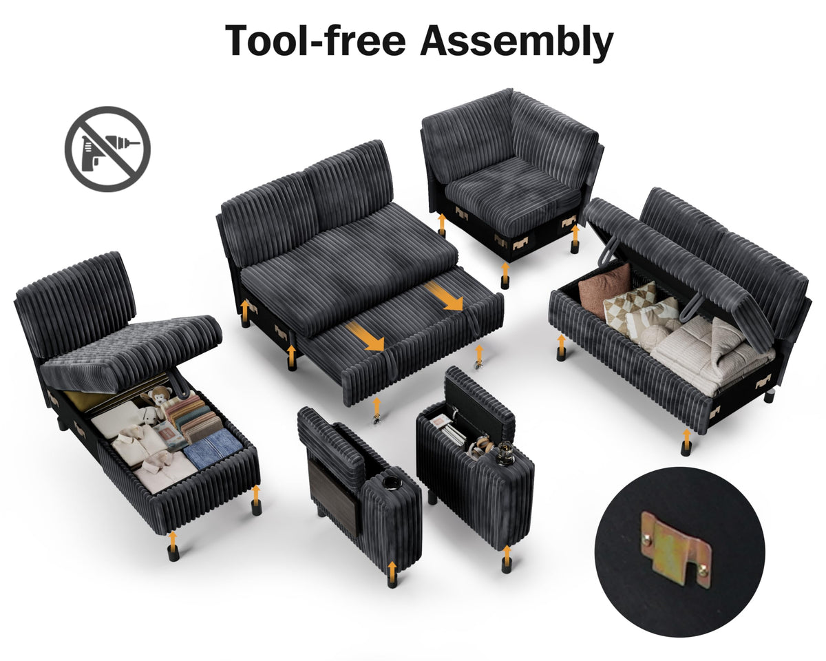 Vipbear 111" Modular Sectional Sleeper Sofa with Pull Out Bed, 7 Seat Plush Corduroy L Shaped Couch with Storage Chaise|USB Ports|Cup Holders|Side Table|Storage Armrests, Tool Free Assembly, Mid Gray