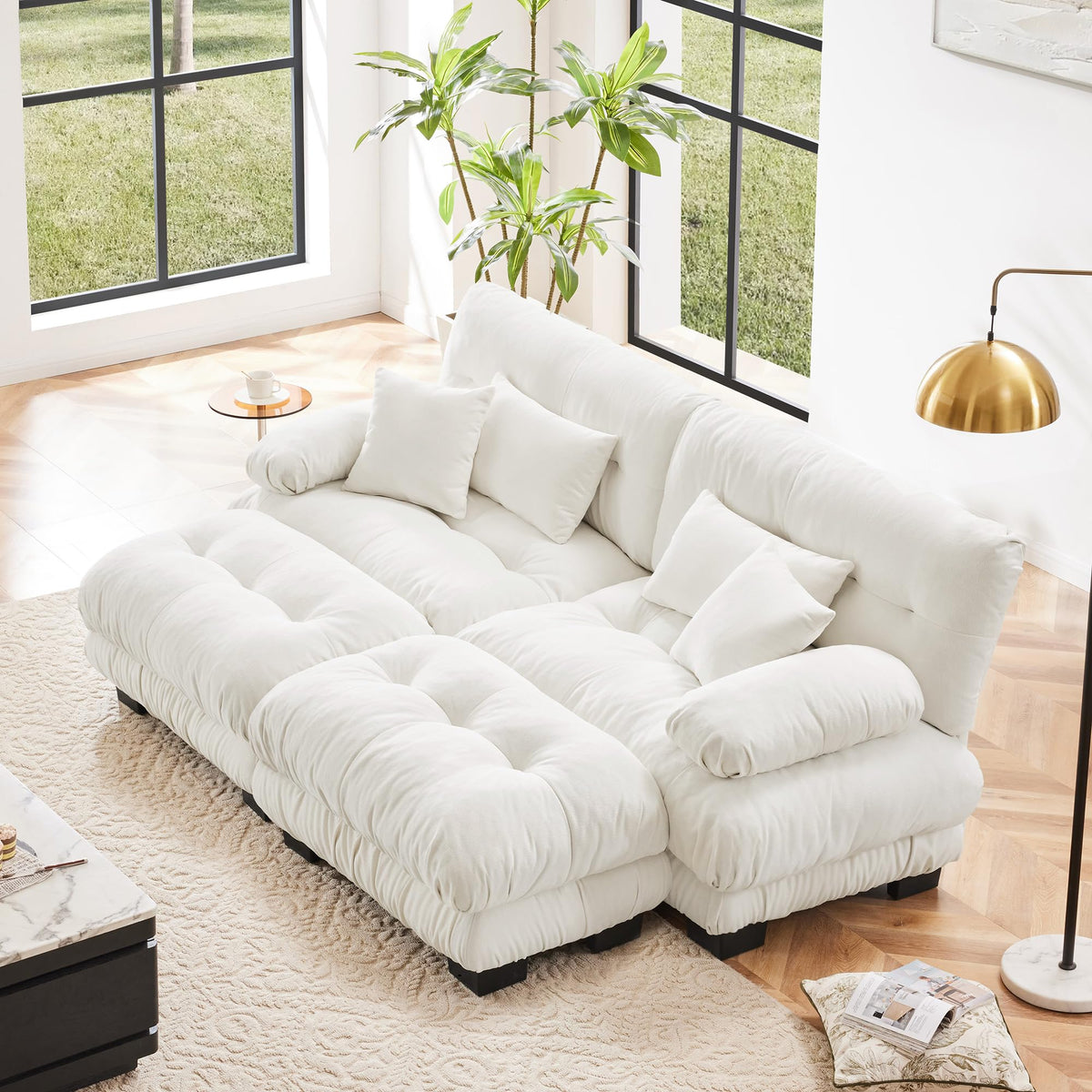 130" Modular Sectional Sofa,Velvet Upholstered Couches for Living Room,3 Seater Green Sofa Couch with Movable Ottoman,Big Comfy Loveseat Sofa with Deep Seats for Living Room,Apartment,Bedroom