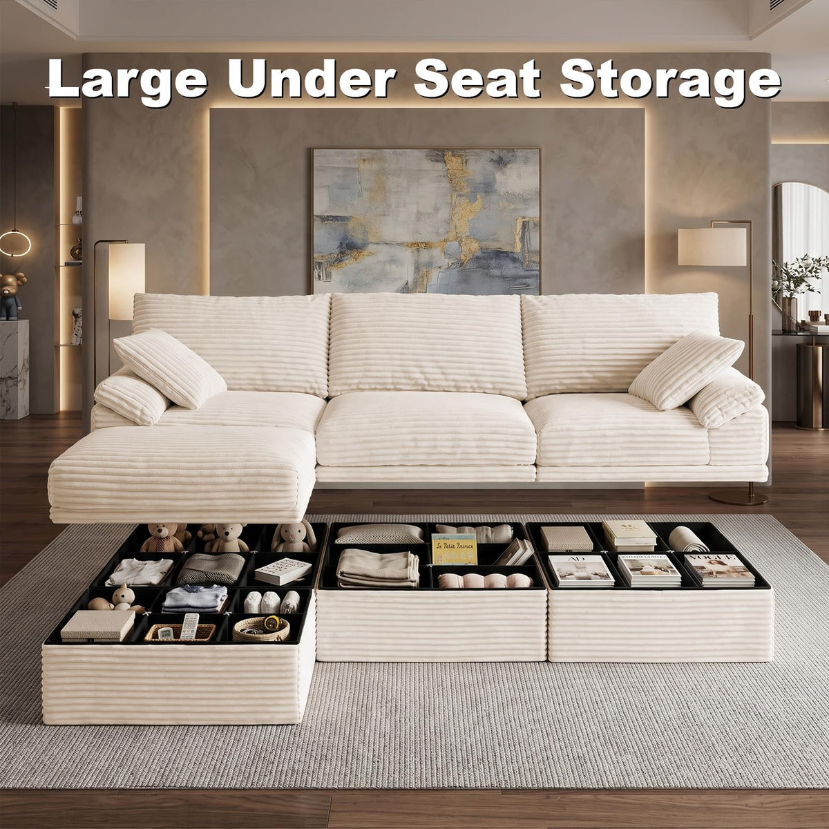 107'' Modular Sectional Sofa with Storage, L-Shaped Boneless Couch