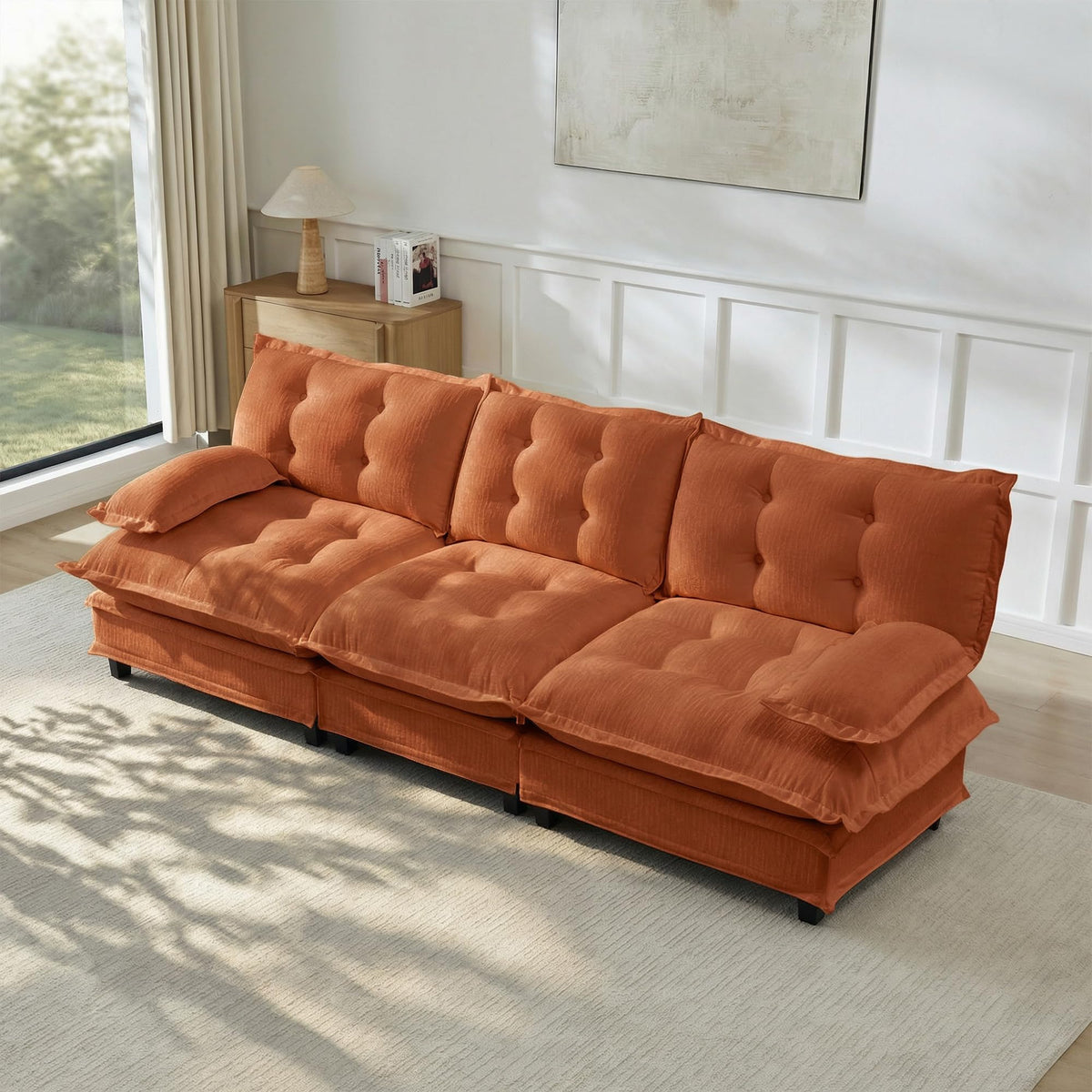 U Shaped Modular Sectional Sofa - 108" Chenille Cloud Deep Seat Couch with Ottoman, 5-Seat Comfy Lattice Decored Seat Cushion for Living Room, Apartment,Light Coffee