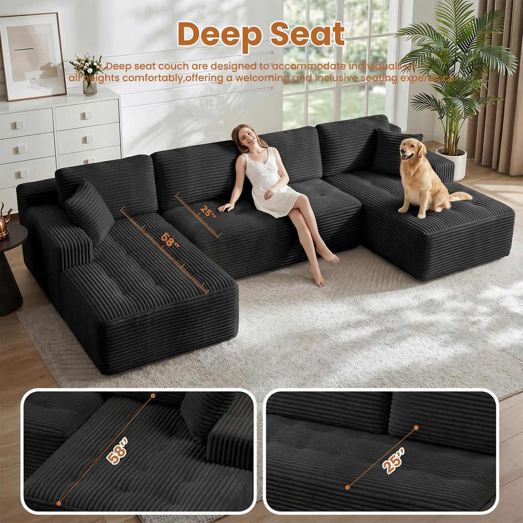 126" Oversized Cloud Boneless Couch, Modern Sofa Couch U Shaped Modular Sectional Sofa with Chaise, Premium Corduroy Fabric Boneless Couch for Living Room, No Assembly Required Black Floor Sofa
