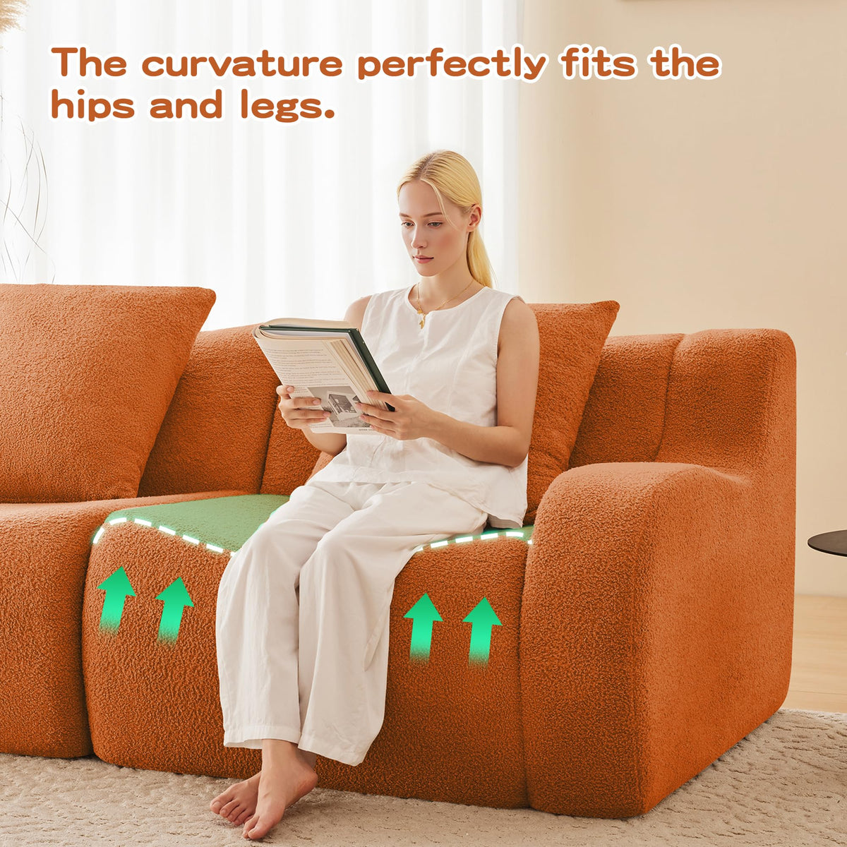 Tidyard U-Shaped Soft Teddy Fabric Sectional Sofa, No Assembly Required, Curved Armrest, Anti-Slip Base, 32D High-Density Sponge, Orange Living Room Couch for Reading Nook